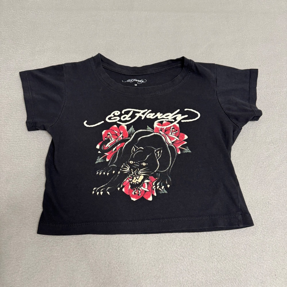 Ed Hardy Baby Tee Women M Black Panther Rose Graphic Y2K Cropped Cotton Shirt